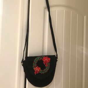 Pretty Black Suede Bag - Embroidered Holly Wreath